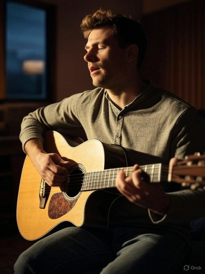Un compositeur interprète en train de jouer de la guitare et chanter